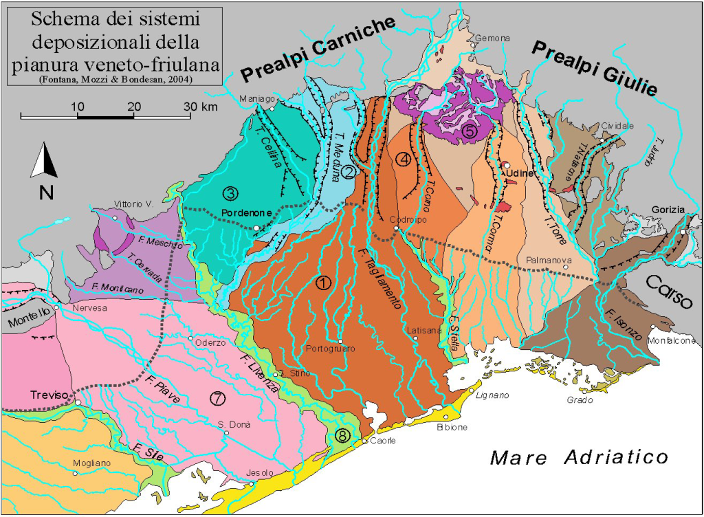 Caption: Megafan Alluvial Cones of the Eastern Friulian and Venetian Plain (excerpted from Fontana, 2006). 
