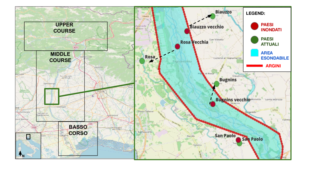 Sinistra: Corso del fiume Tagliamento e ubicazione dell'area di studio. Destra: I villagi del medio corso che si sono spostati (Rosa, Biauzzo, Bugnins) e che sono rimasti nello stesso posto (San Paolo). Figura adattata da Scaini, C. and Scaini, A., Shima, 2025.  